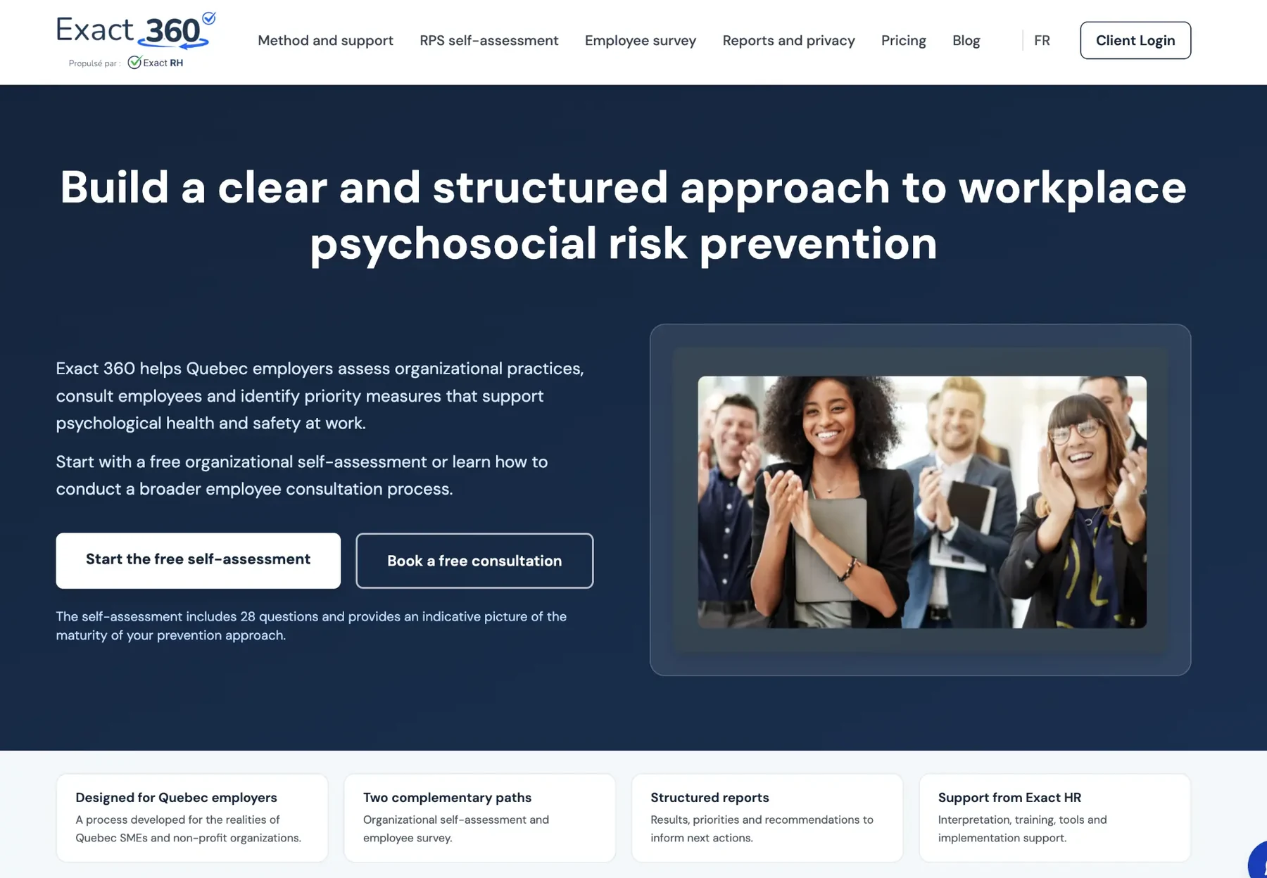 Provided complete screenshot of the Exact360 English homepage hero, with a team at work