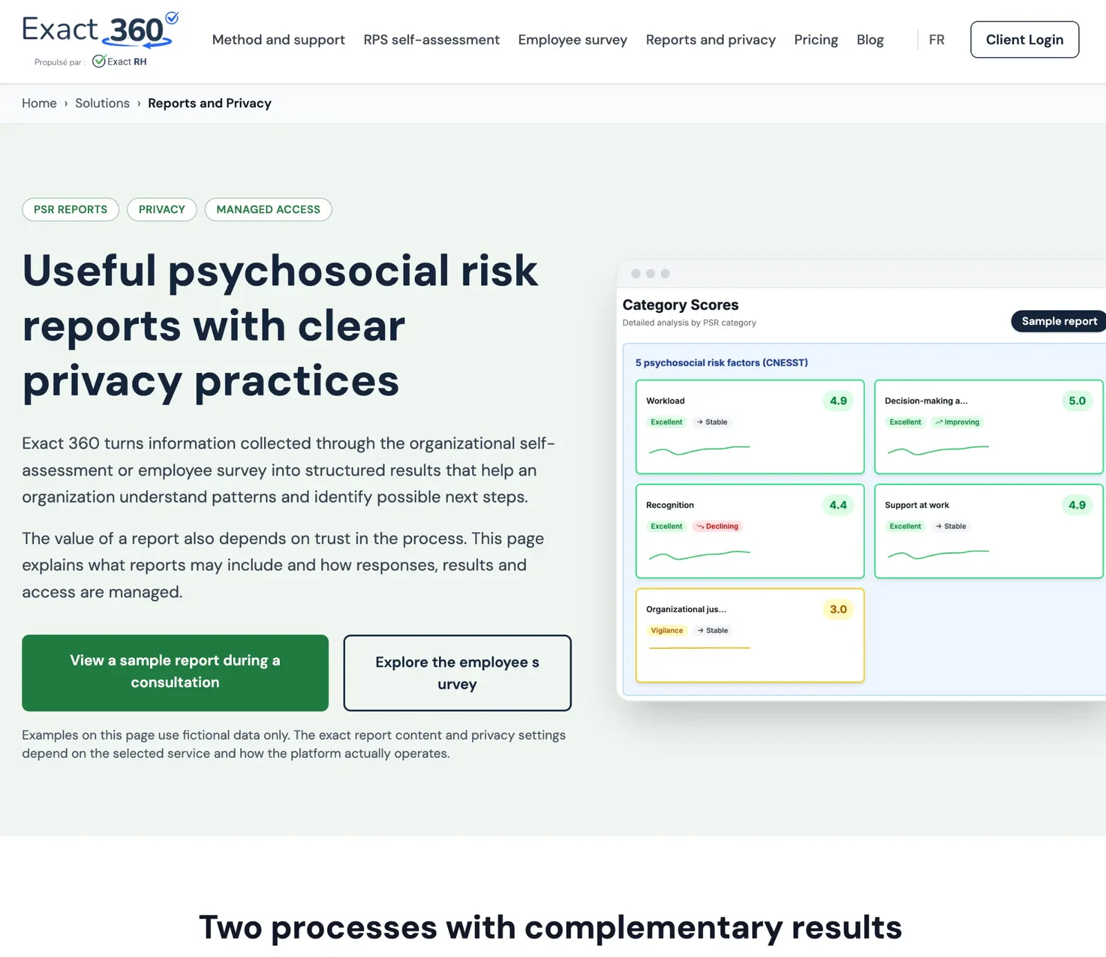 Supplied screenshot of the Exact360 English reports and privacy page