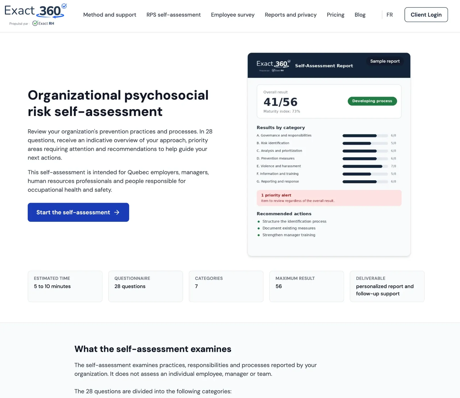 Supplied screenshot of the Exact360 English psychosocial risk self-assessment page