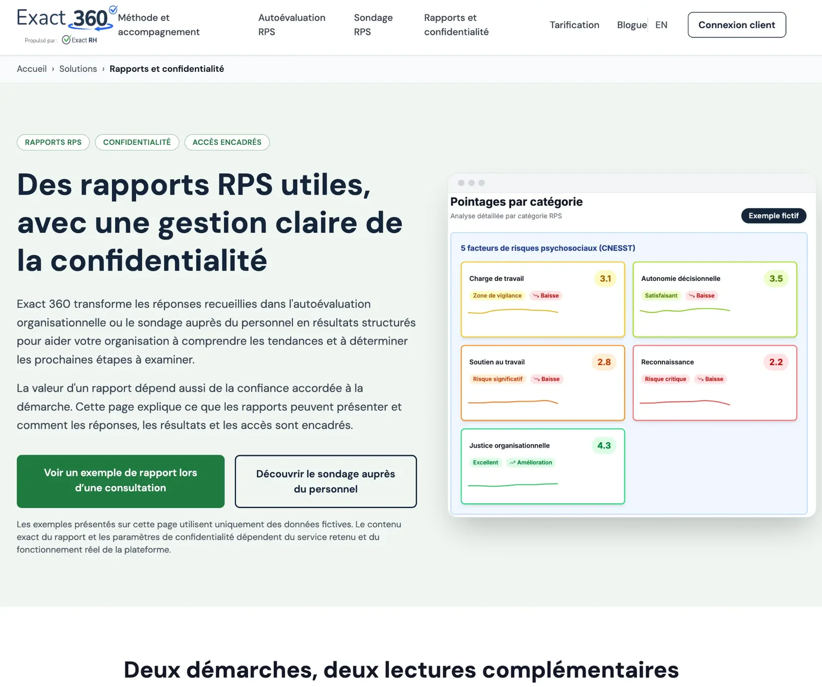 Capture fournie de la page française Rapports et confidentialité d’Exact360