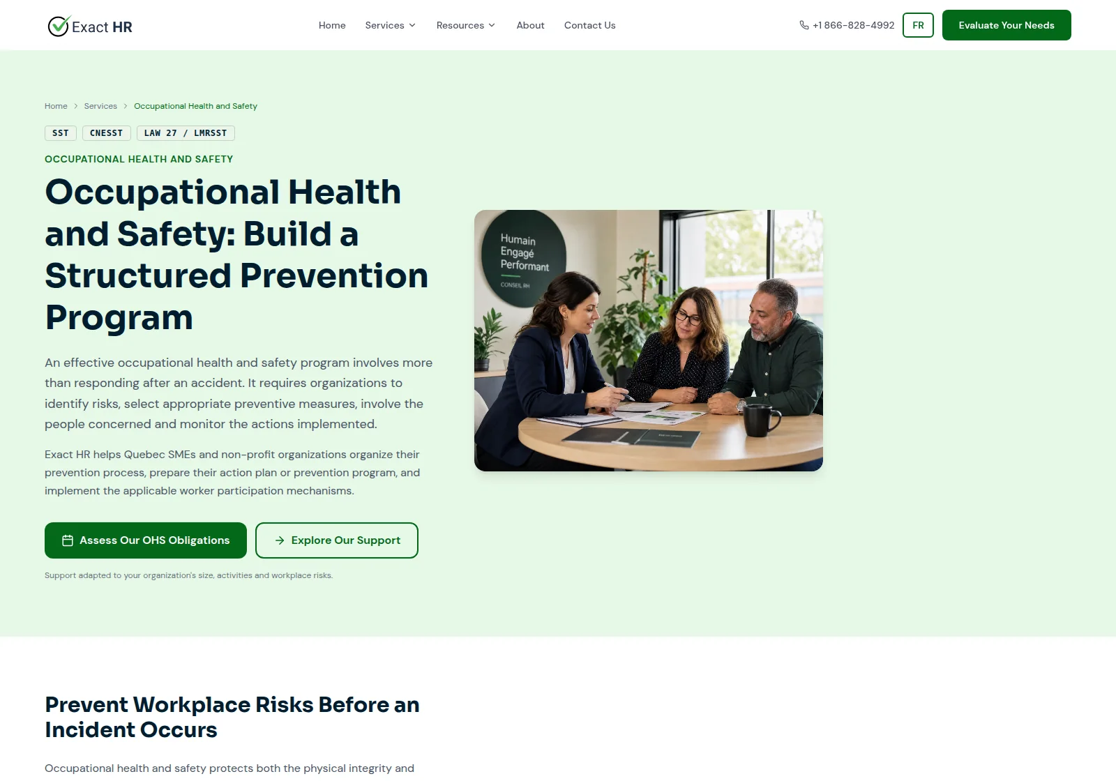 Preview of the Exact RH English occupational health and safety page