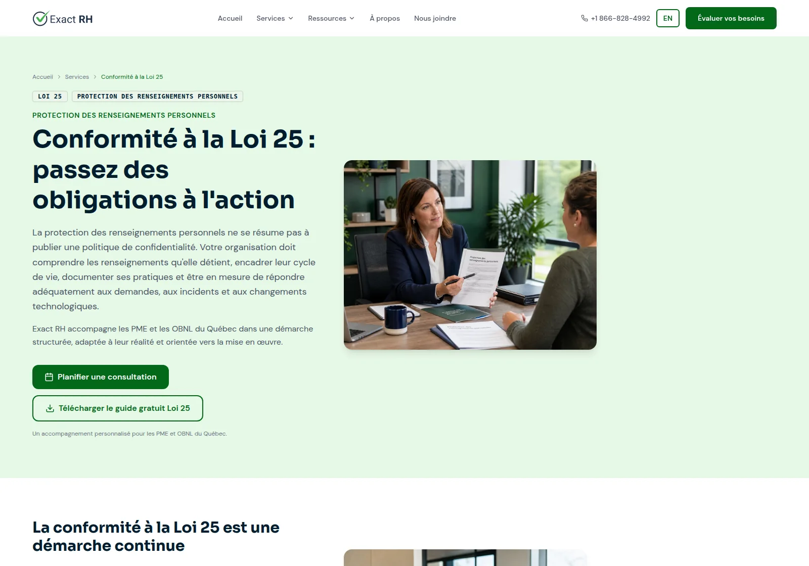 Aperçu de la page française Loi 25 d’Exact RH