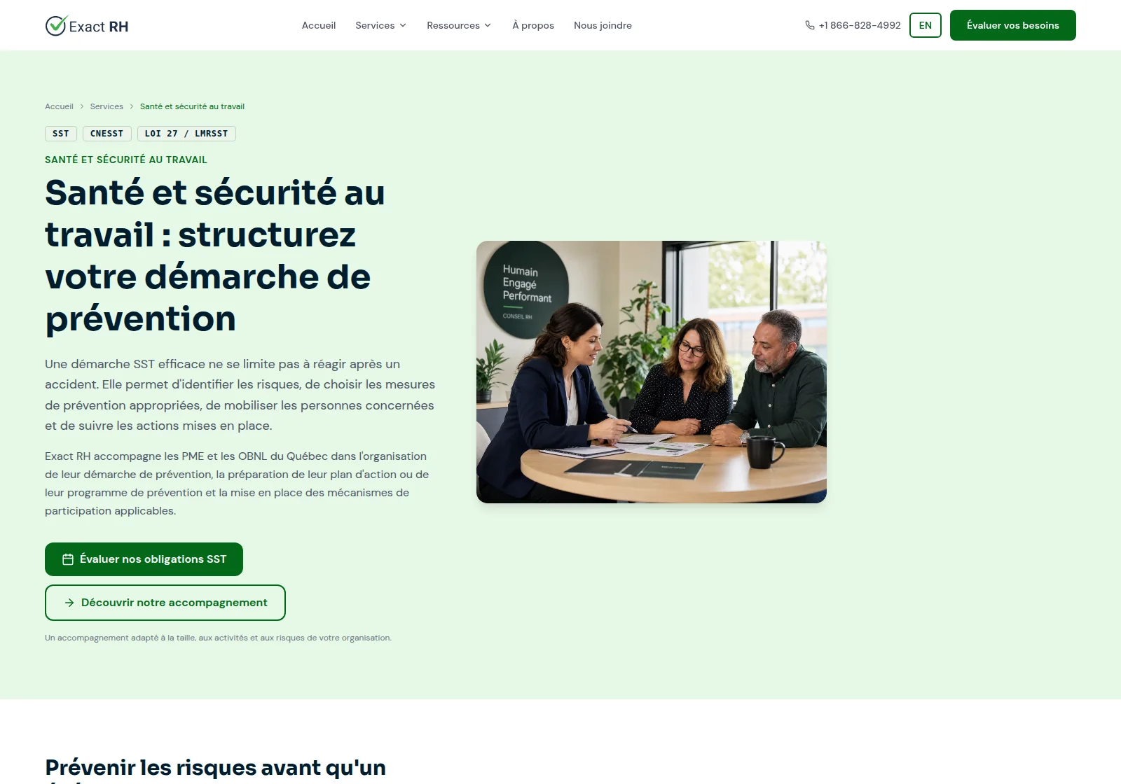 Aperçu de la page française Santé et sécurité d’Exact RH