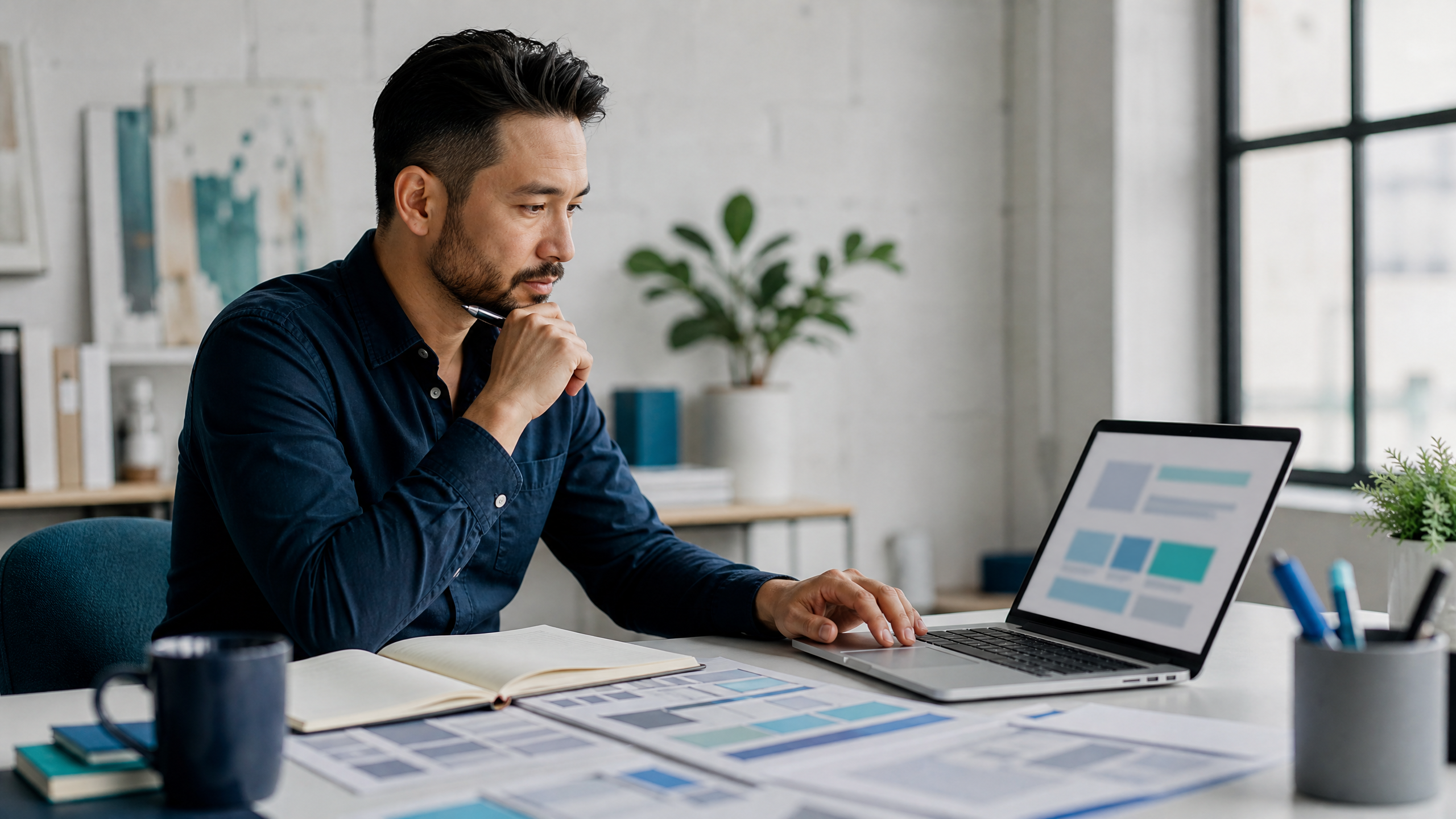 Professional conducting research and reviewing a website structure on a laptop