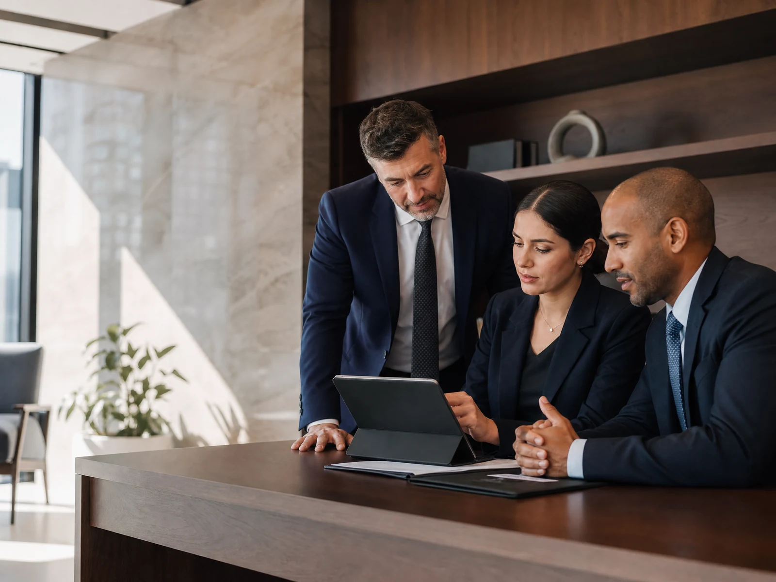 Professionals in a modern law firm reviewing a tablet