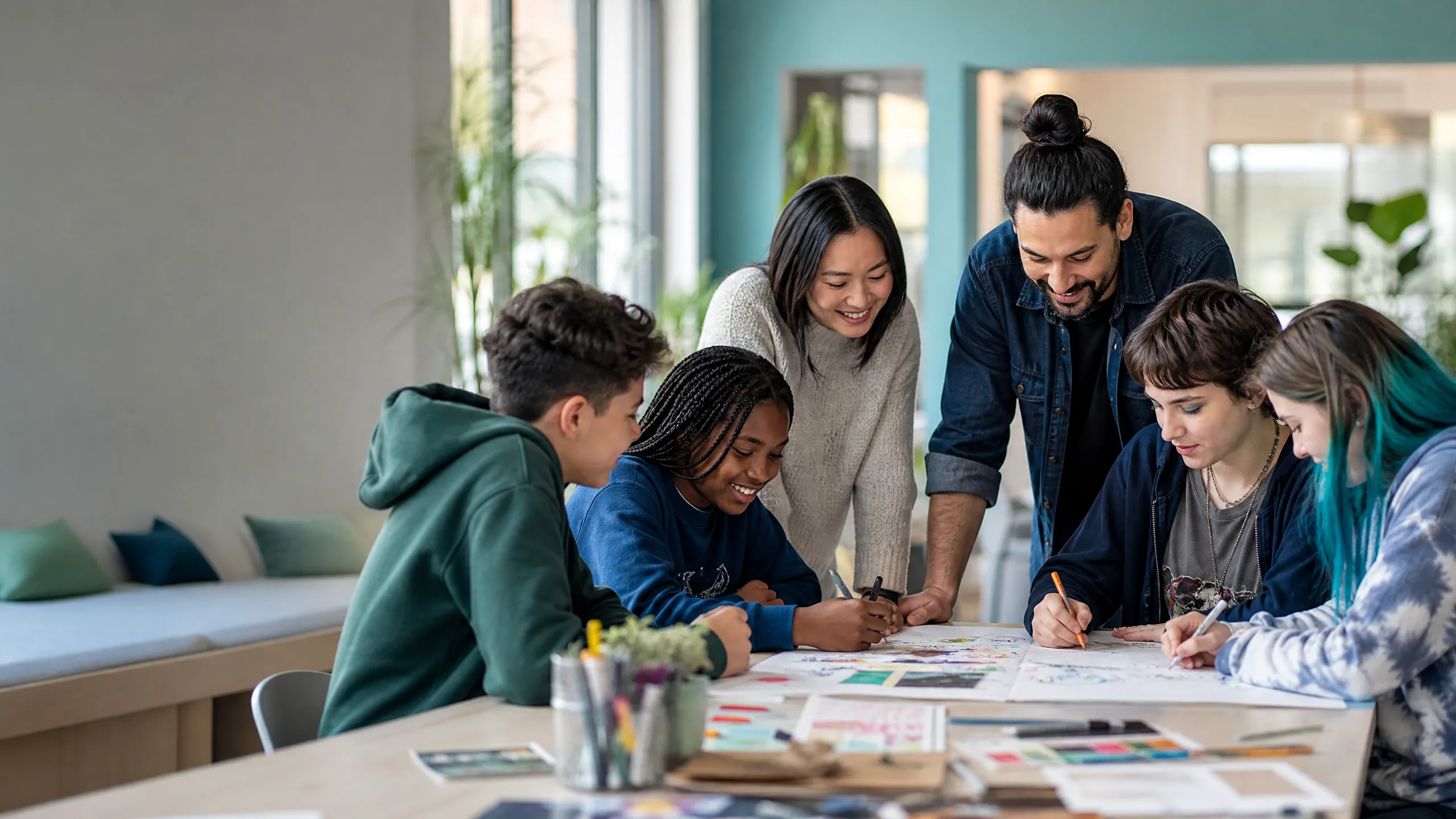 Young people and facilitators collaborating at a community youth organization